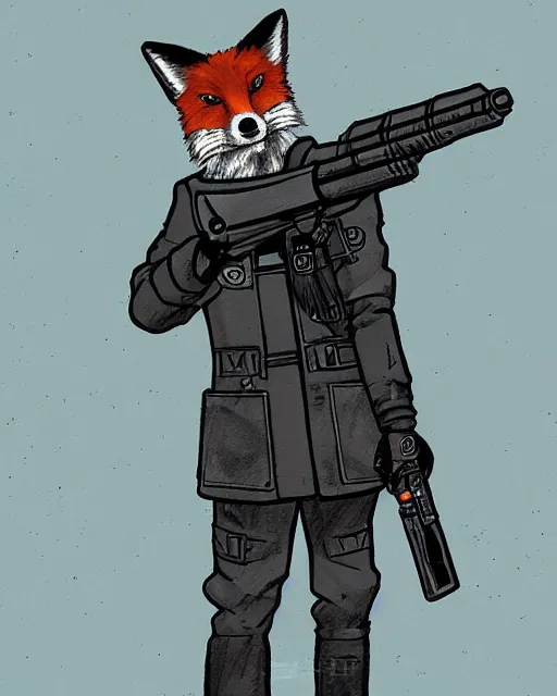 Image similar to a fox wearing a black trench - coat holding a mini - gun, comic art style, digital art,