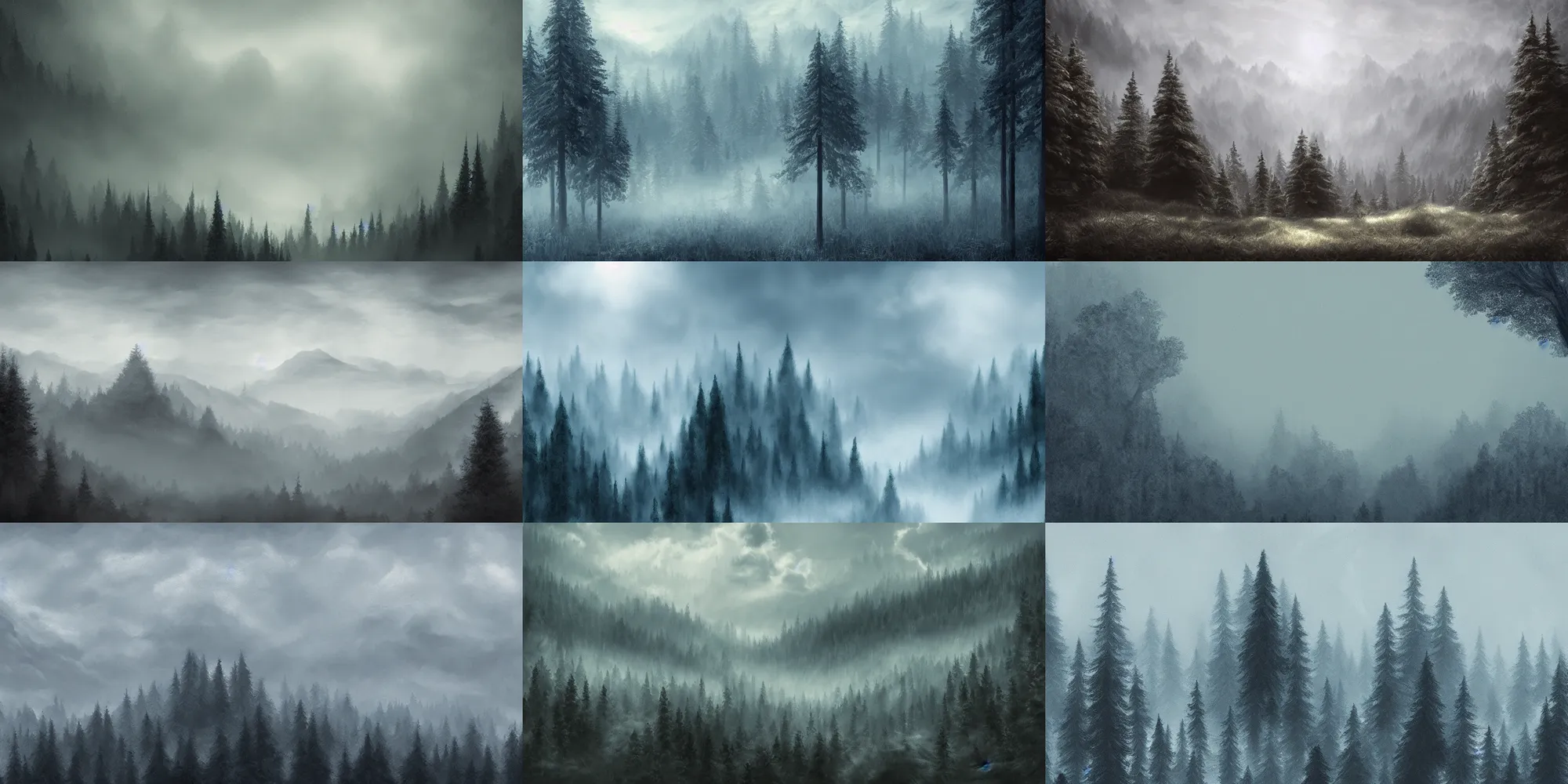 Prompt: highly detailed defined digital art misty blueish upper white sky landscape forest mountainous trending on artstation