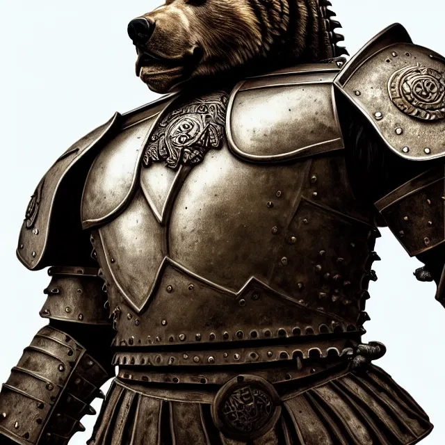 Prompt: armoured bear warrior, artgerm, highly detailed, 8 k, hdr, close up, smooth, sharp focus, high resolution, award - winning photo