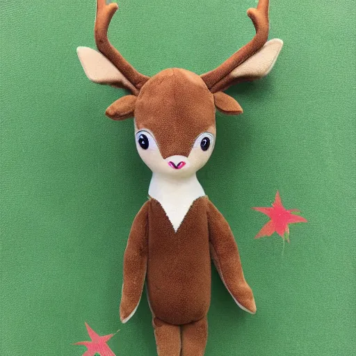 Prompt: a happy deer plush doll with forest background