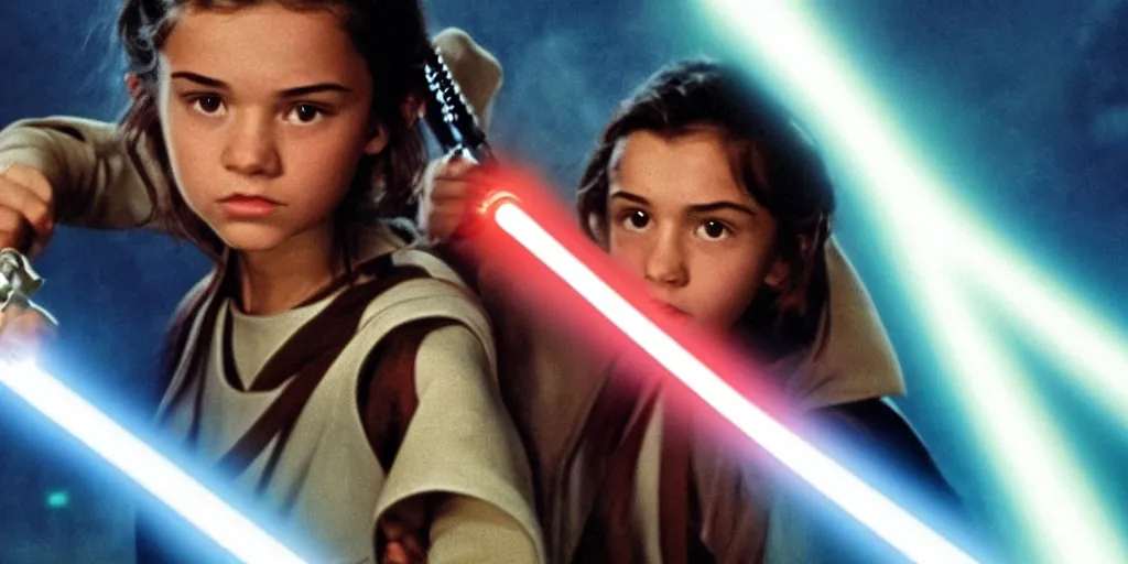 Image similar to a full color still of a teen brunette Jedi padawan holding a lightsaber hilt with laser bolts flashing by, cinematic lighting, 1999, directed by Steven Spielberg, 35mm