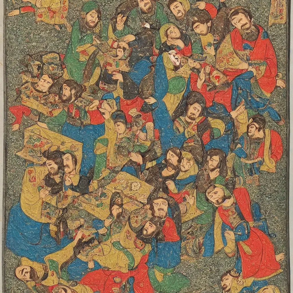 Prompt: painting of couple of friends doing acid, Ottoman miniature style