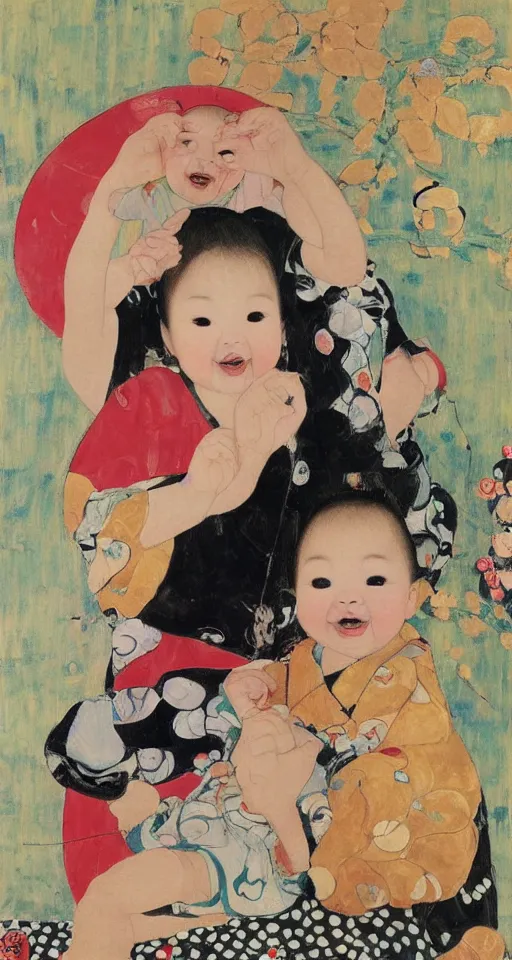 Image similar to A baby girl sitting, toy in hand, selfie, big smile, art by Qi Baishi and Klimt