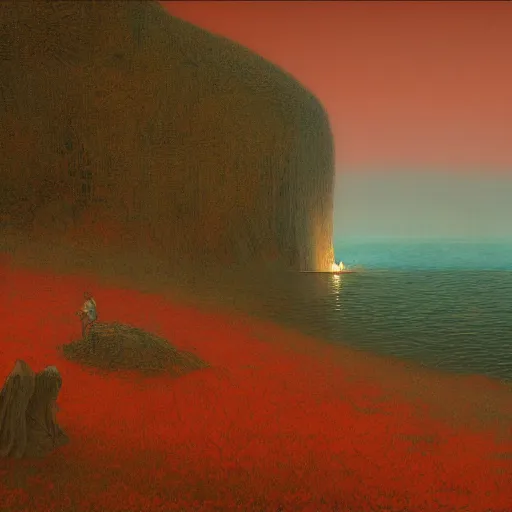 Image similar to landscape, shore of the lake, glowing red, by edgar maxence and ross tran, zdzisław beksinski, and michael whelan, distant, gustav dore, h. r. giger, 8 k, octane render