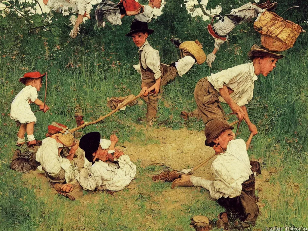 Prompt: the adventures of tom sawyer and huckleberry finn, illustrated by norman rockwell, playful, naturalistic, simple life, mississippi, colorful, landscape