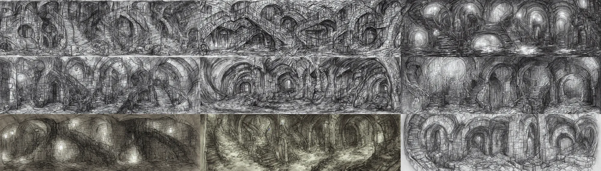 Prompt: intersection of stairs and flooded sewer tunnels. fantasy art, underground, stream, musty, damp, sewage, darkness, water fall, underground, catacombs, abandoned spaces, torchlight. sketch art earthdawn campaign setting. myth drannor. parlainth. d & d.