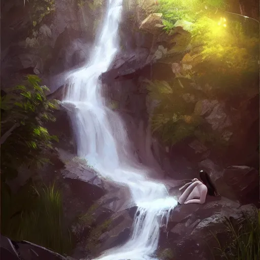 Image similar to beautiful portrait commission of a slender dragon relaxing by a waterfall, digital painting, artstation, art by Jaime Jones