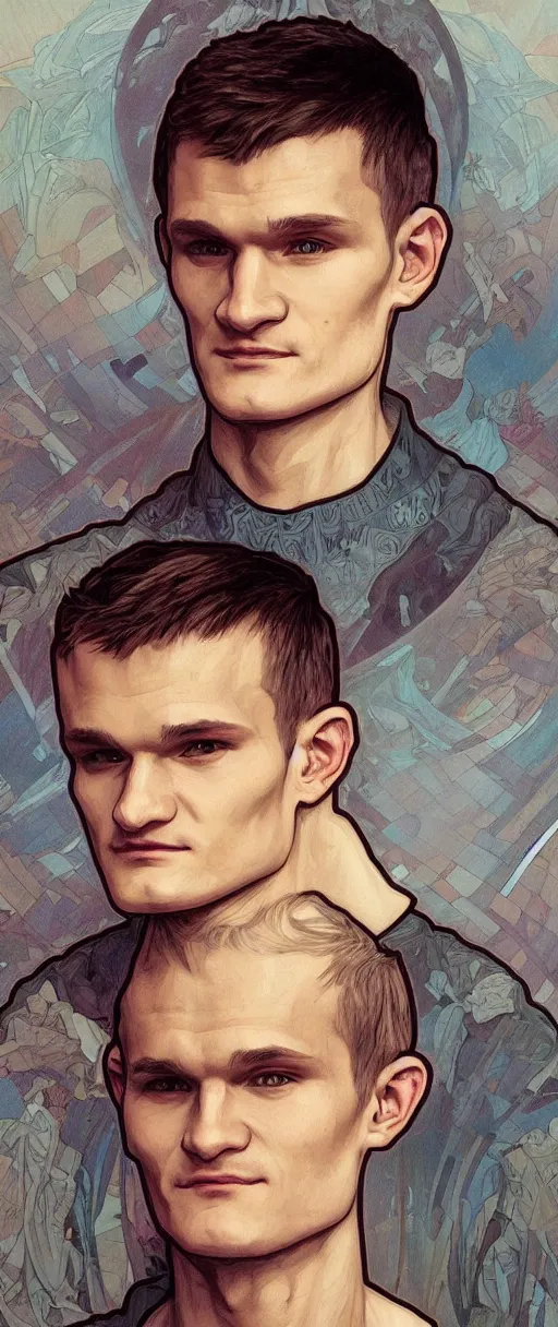 Image similar to vitalik buterin portrait, art by artgerm and greg rutkowski and alphonse mucha