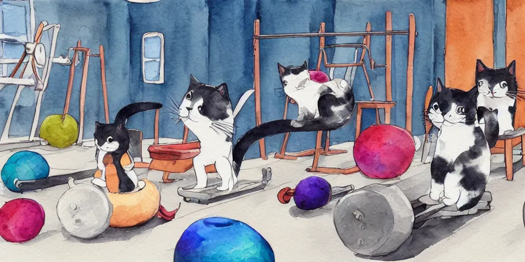 Prompt: watercolor illustration style, cute! cats training in fitness studio, sport equipment lay near