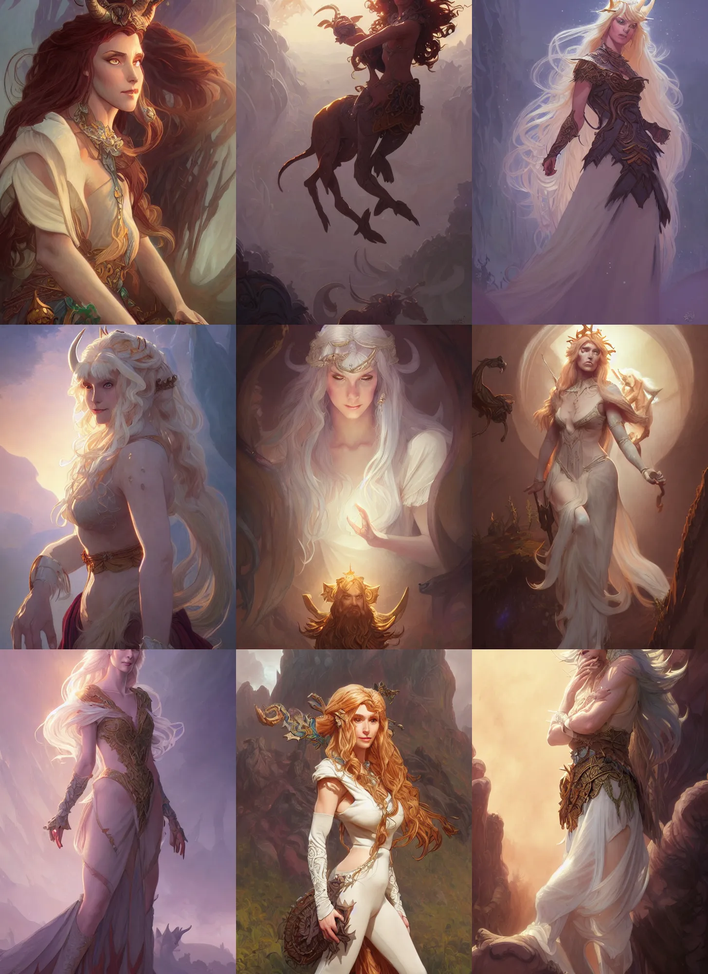 Prompt: characters from the last unicorn, d & d, fantasy, intricate, elegant, highly detailed, digital painting, artstation, concept art, matte, sharp focus, illustration, hearthstone, art by artgerm and greg rutkowski and alphonse mucha