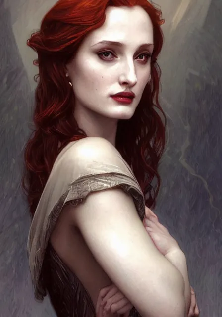 Image similar to sansa angeline jolie gessica chastain vampire, intricate, elegant, highly detailed, digital painting, artstation, concept art, smooth, sharp focus, illustration, art by artgerm and greg rutkowski and alphonse mucha and william - adolphe bouguereau