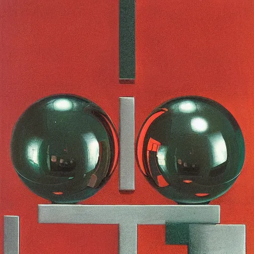 Prompt: chrome spheres on a red cube by jan van eyck