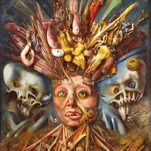 Image similar to an oil painting by arcimboldo, by georgia o keeffe, by botticelli, by giger, by frank frazetta, by gustave moreau, by beksinski, seen through a kaleidoscope, broke mirror, contemporary, brutal, vanity, broken, nerve system, medical, jewels, nebula, space, tonalism, merged, akira