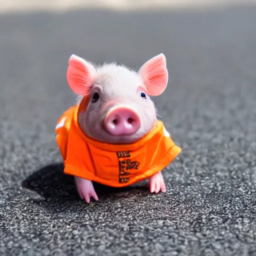 Prompt: cute mini pig using orange inmate clothes