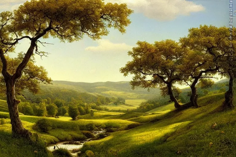 Image similar to masterpiece painting of oak trees on a hillside overlooking a creek, by james c. christensen