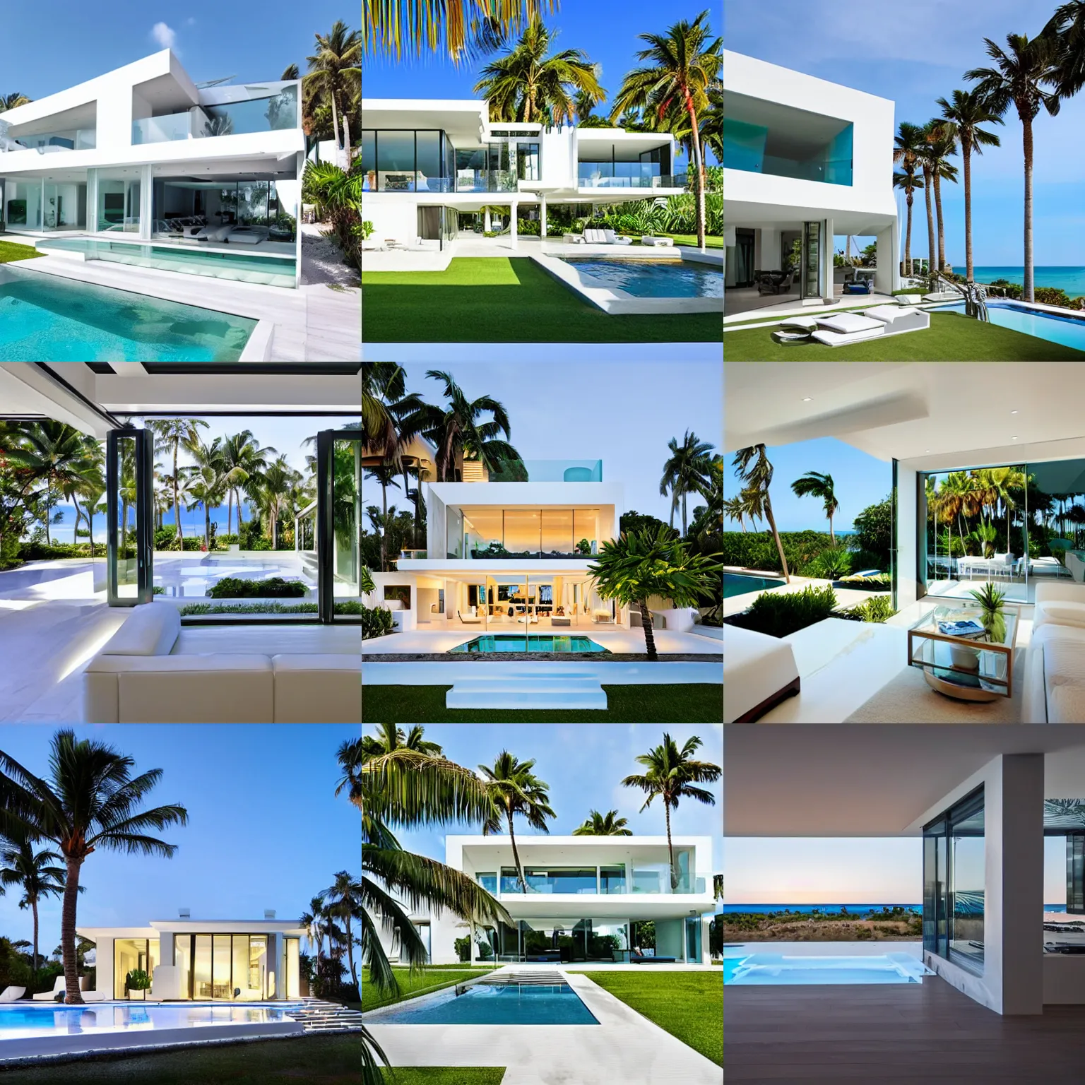 Prompt: modern detailed white villa by the beachside, with palm trees and glass windows