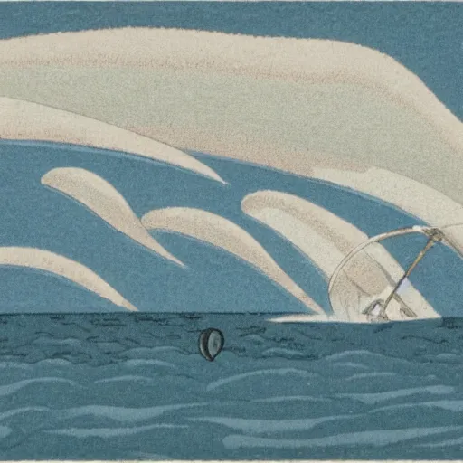 Prompt: by osamu tezuka balmy, monumental amaranth, cinnamon. the mixed mediart of a huge wave about to crash down on three small boats. the boats are filled with people, & they all look terrified.