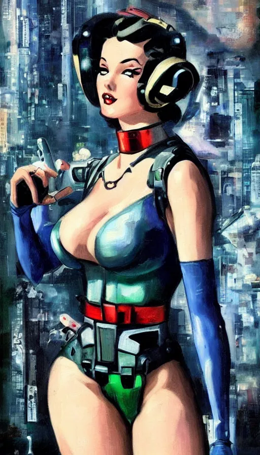 Prompt: full body cyberpunk beautiful woman in the style of a 1 9 4 0 s oil painted pin - up painted on a gundam