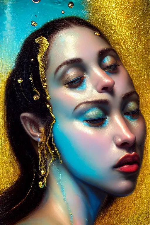 Image similar to hyperrealistic precisionist cinematic profile very expressive! oshun goddess, ophelia in water! john everett millais, mirror dripping droplet!, gold flowers, highly detailed face, digital art masterpiece, smooth eric zener cam de leon, dramatic pearlescent turquoise light on one side, low angle uhd 8 k, shallow depth of field