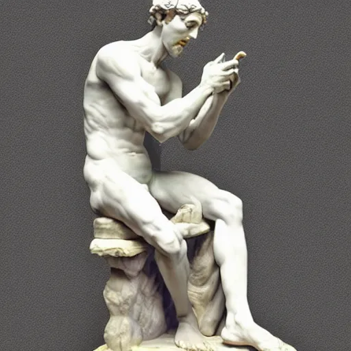 Prompt: marble statue of a man talking on his cell phone by Michelangelo