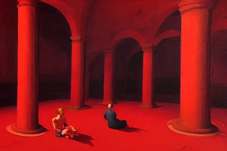 Image similar to only with red, crowd screaming, an exposed painting in a roman theater, in the style of beksinski, parts by edward hopper, parts by rodcenko, parts by yue minjun, intricate and epic composition, red by caravaggio, insanely quality, highly detailed, masterpiece, red light, artstation, 4 k