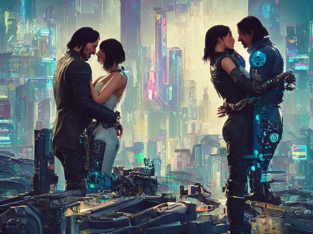 Image similar to a cyberpunk 2077 srcreenshot wedding couple portrait of a Keanu Reeves and a female android final kiss,love,film lighting,by Laurie Greasley,Lawrence Alma-Tadema,Dan Mumford,John Wick,Speed,Replicas,artstation,deviantart,FAN ART,full of color,Digital painting,face enhance,highly detailed,8K,octane,golden ratio,cinematic lighting