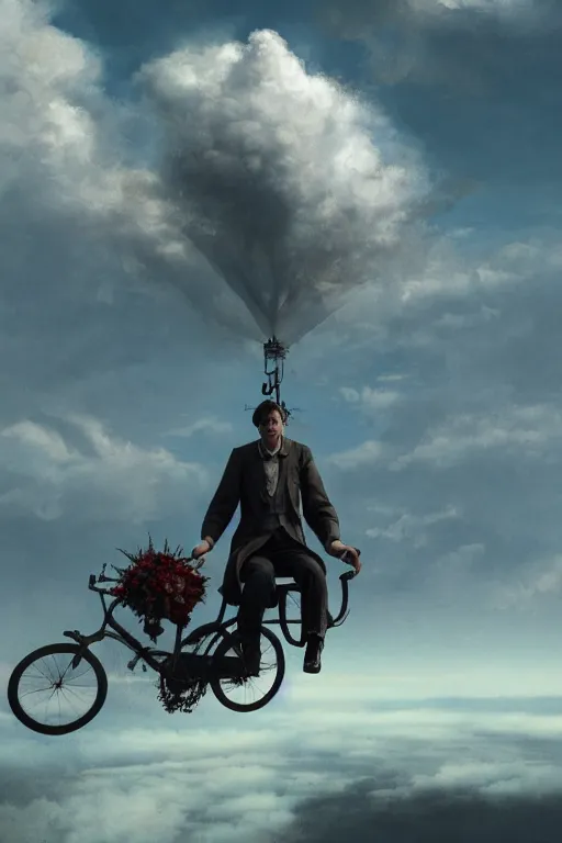 Prompt: A fancy portrait of a happy man flying in the sky on his bicycle in the clouds, perfect expression, Greg Rutkowski, Sung Choi, Mitchell Mohrhauser, Maciej Kuciara, Johnson Ting, Maxim Verehin, Bloodborne, 8k photorealistic, volumetric lighting, HD, high details, dramatic, warm atmosphere, trending on artstation