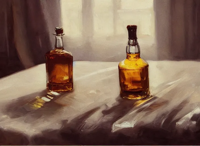 Image similar to oil painting of whiskey bottle, barley grain, art by anders zorn, wonderful masterpiece by greg rutkowski, beautiful cinematic light, american romanticism by greg manchess, creation by tyler edlin, folds of fabric, tablecloth, curtains, shiny oak table, polished wood