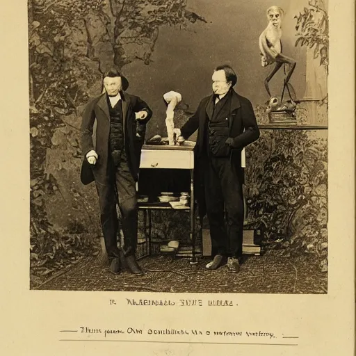 Prompt: realistic naturalist richard owen and naturalist thomas henry huxley standing over antique table with anatomical monkey skulls, victorian, carte de visite