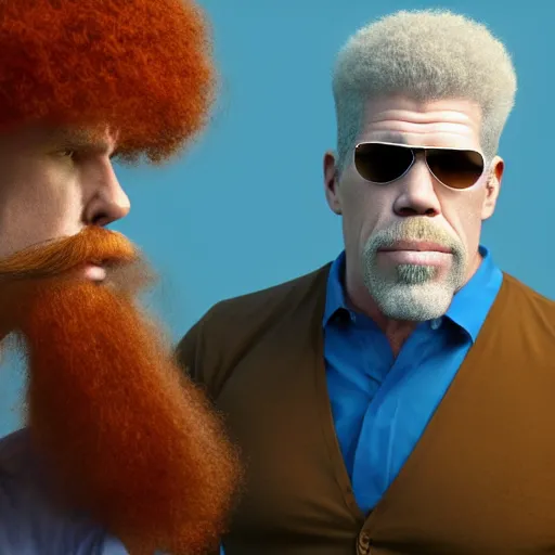 Prompt: ron perlman with a giant red curly afro with a handlebar mustache while wearing a light - blue collared shirt in the foreground, a blank canvas is right behind him, with a void white background, realistic, hyperrealistic, 8 k resolution, hd quality, very detailed, highly detailed, intricate details, real life, real world, trending on artstation