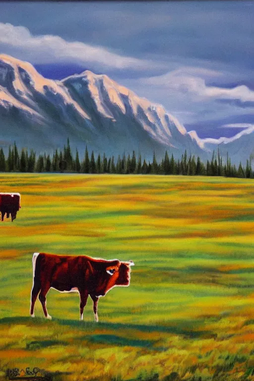 Image similar to bob ross painting of cattle grazing in alberta praries