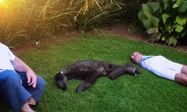 Image similar to My dad just took a hit from the bongo and have good time being gracefully relaxed in the garden, sunset lighting