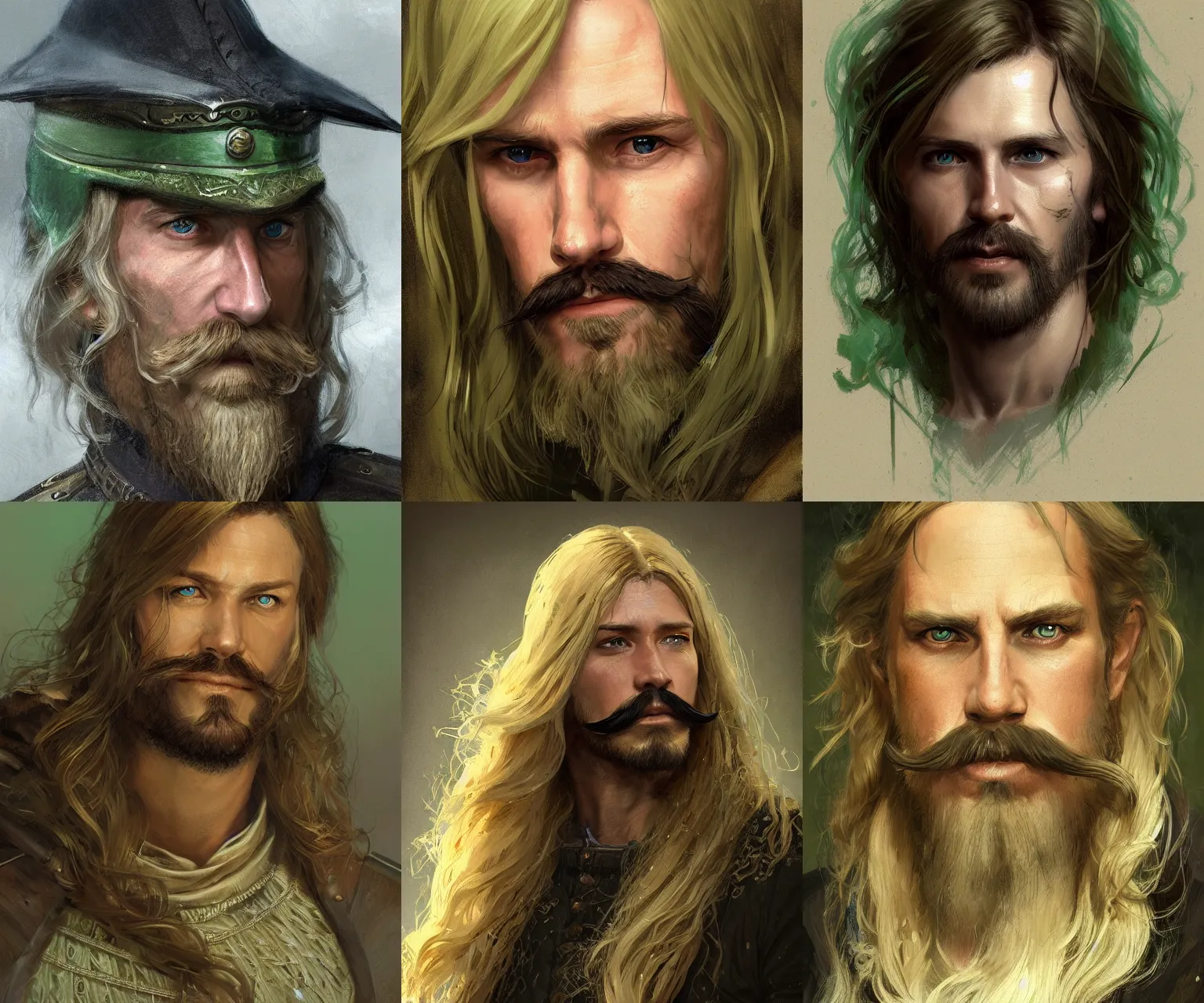 Prompt: half - length portrait of a 3 5 - year - old human male noble with long blonde hair, handlebar mustache, green eyes, medieval setting, detailed face, highly detailed, artstation, concept art, sharp focus, by greg rutkowski, craig mullins, kenne gregoire