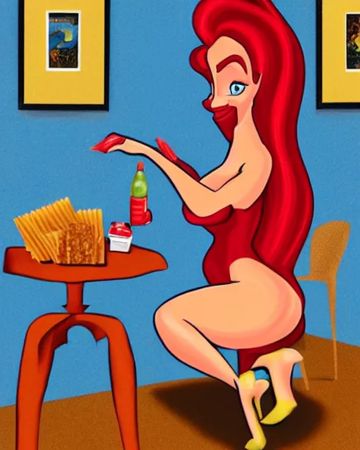 Image similar to Jessica Rabbit eating a bag of Doritos, sitting on a chair, stylized oil painting, traditional animation portrait