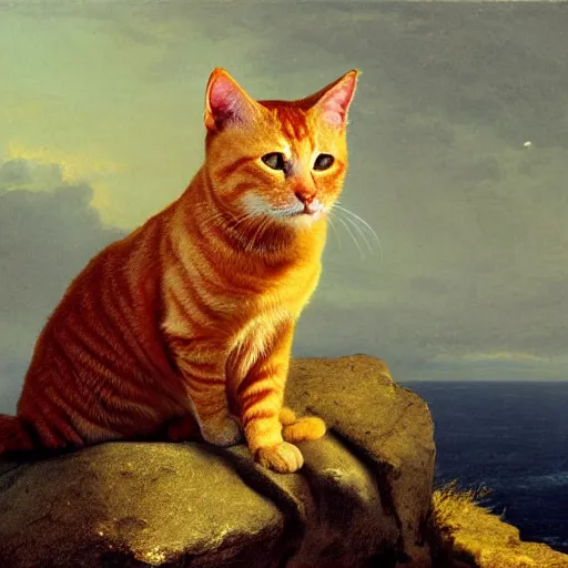 Image similar to orange tabby cat sitting on a rock overlooking the ocean, realistic lighting, highly detailed, rule of thirds, by charles angrand, peder balke