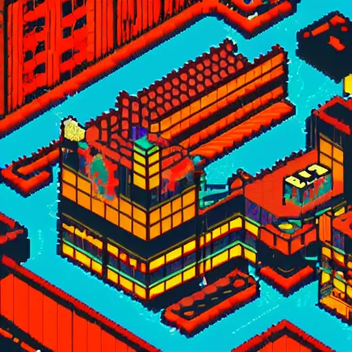 Prompt: pixel art of neonpunk city on a flying platform in clouds