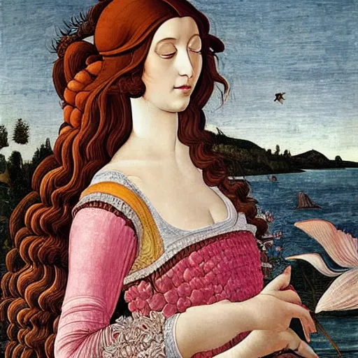 Image similar to an ultradetailed mythological oil painting of a beautiful woman with long brown hair, full body, wearing pink floral chiton, sleeping on a giant scallop shell, near the seashore, intricate lines, elegant, renaissance style, by sandro botticelli