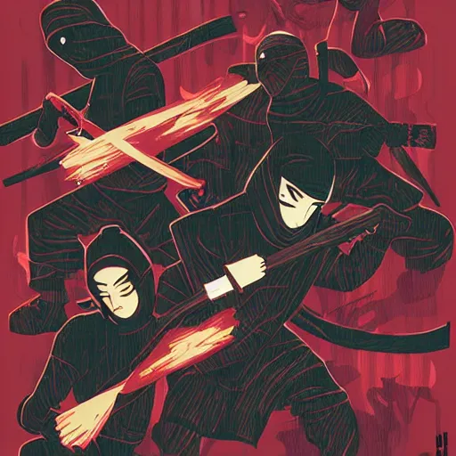 Prompt: Ninjas fighting, Hip Hop, Dark, Intense, Dramatic, Highly Detailed by Sachin Teng