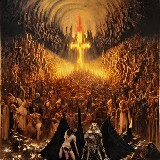 Prompt: dante's inferno, with people in black hooded tunic like in the film eyes wide shut of stanley kubrick, illuminati symbol, crows, skeletons, crosses, dark beauty, rotten gold, perfect faces, extremely detailed. highly detailed painting by gaston bussiere and j. c. leyendecker 8 k