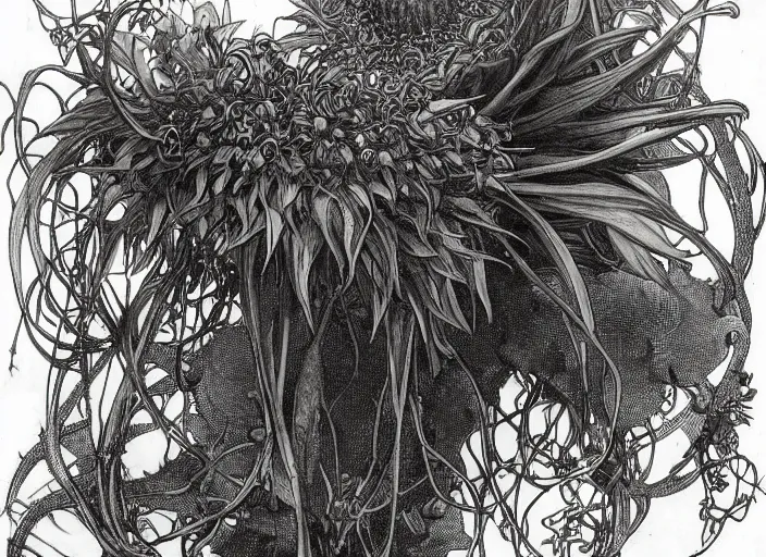 Prompt: creepy sunflower mutant vine plant with a portal to space in its mouth in a jungle, giovanni battista piranesi, moebius, alphonse mucha, ultra - detailed, yoshitaka amano