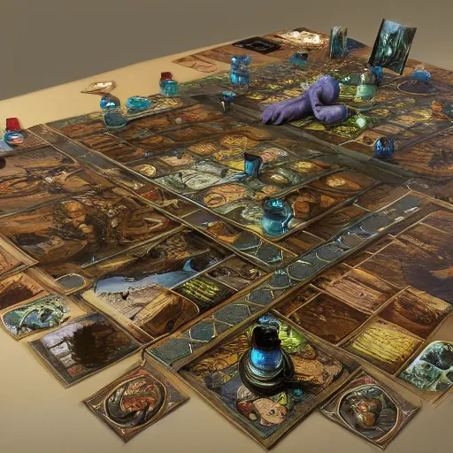 Image similar to tabletop game board, highly detailed, fantasy art, in the style of greg rutkowski, epic, fantasy, intricate, hyper detailed, artstation, concept art, smooth, sharp focus, ray tracing, front view