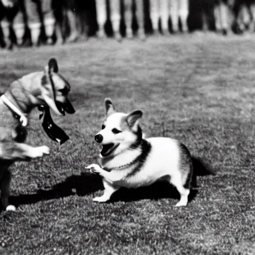 Image similar to historical photo of queen elizabeth and her corgis defeating hitler in hand to hand combat, natural sunlight, sharp focus, highly detailed, depth of field