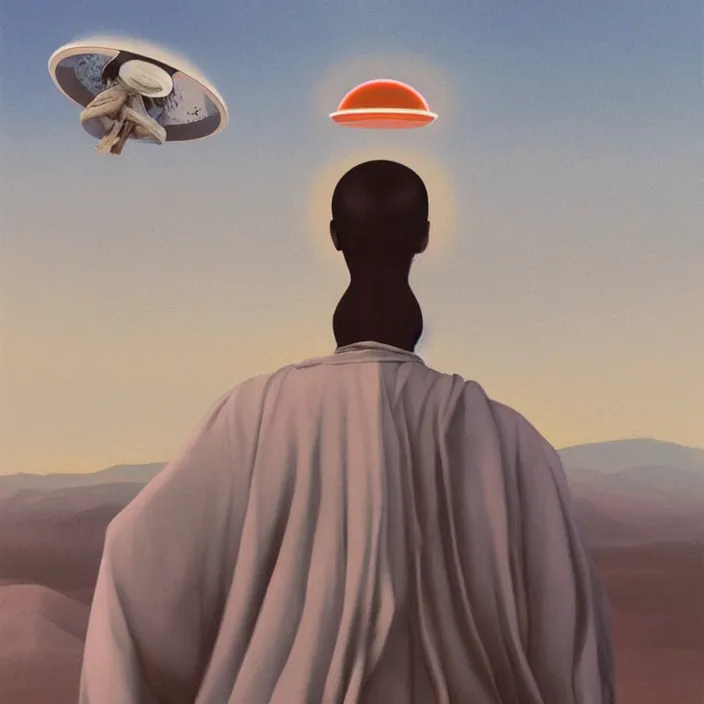 Prompt: UFO hovering over an African Jesus ,painting by Hsiao-Ron Cheng,