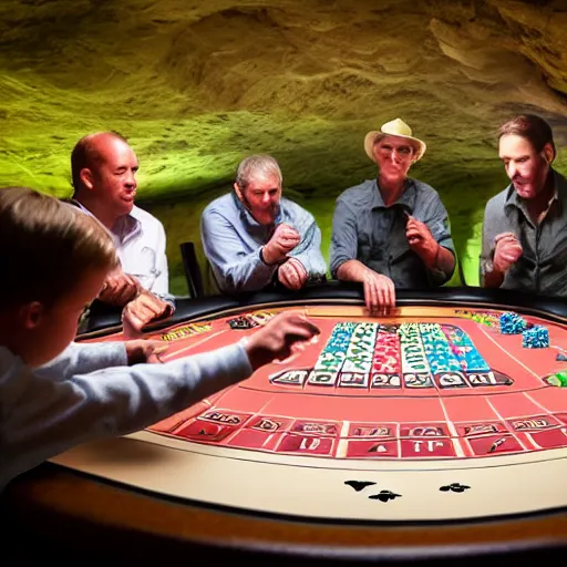 Image similar to Dinosaurs playing poker at the prehistoric dawn cave casino drawn with a left hand.