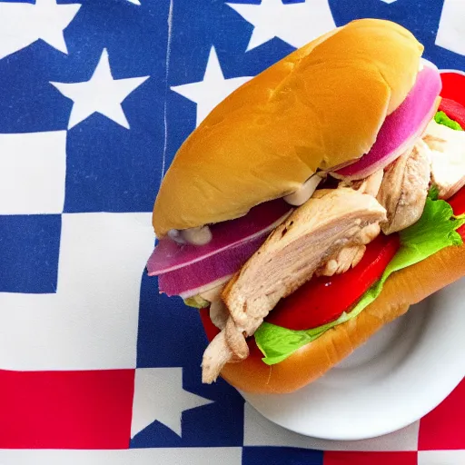 Prompt: Chicken Sandwich made to look like American Flag, food photography