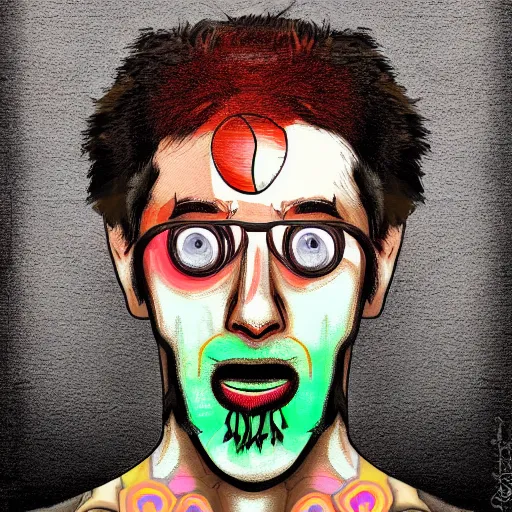 Image similar to man with a tab of acid on his tounge, digital art by mad dog jones