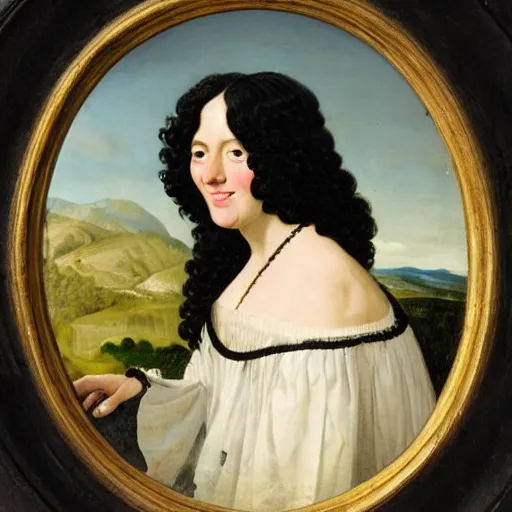 Prompt: young woman from the year 1 5 0 0, seated in front of a landscape background, her black hair is curly, she wears a dark green dress pleated in the front with yellow sleeves, puts her right hand on her left hand, and smiles slightly, oil painting