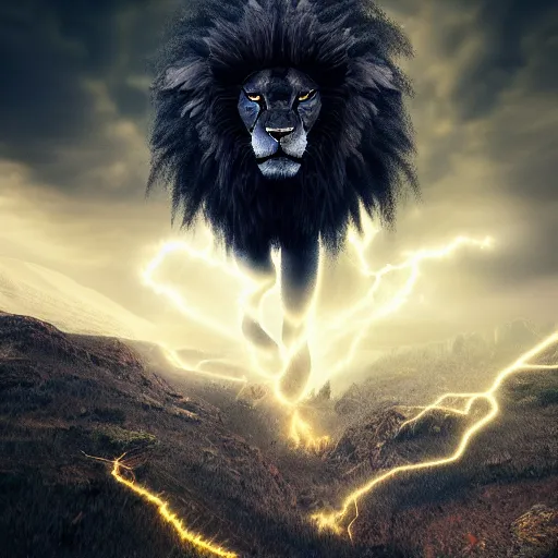 Prompt: black lion's god looking at you, black fur merged with gold lightnings surrounded by epic ancient huge forest and mountains, colossal scale, cinematic shot, vibrant colors, photorealism, epic, octane render by Evgeniy Antonenkov and James Jean