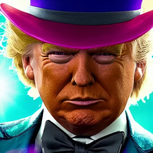Image similar to donald trump as willy wonka in avengers movie, fantasy, splash art, avengers movie, movie still, detailed face, photorealistic facial features, cinematic lighting, dramatic, octane render, long lens, shallow depth of field, blockbuster, bokeh, hd, anamorphic lens flare, 8 k, hyper detailed, 3 5 mm film grain