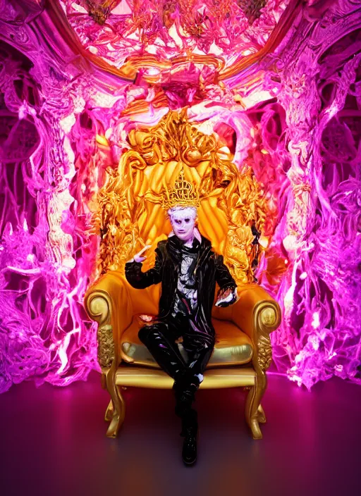 Image similar to photo of baroque and bladerunner delicate neon ruby sculpture of seductive ceramic albino king xavier serrano delicious pink iridescent humanoid deity wearing black fluffy hoody holding diamond skull in a black metallic dungeon, reclining, glowing rainbow face, crown of white diamonds, cinematic lighting, photorealistic, octane render 8 k depth of field 3 d